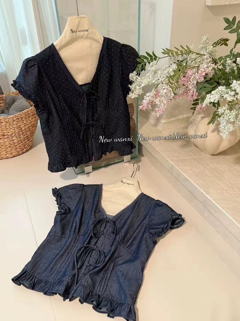 夏季新款韩版设计感简约百搭显瘦V领系带蝴蝶结袖口木耳边