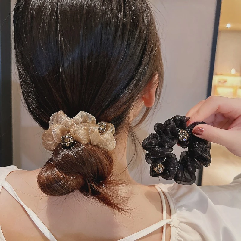 韩版欧根纱大肠发圈女高级感气质捷克钻发绳百搭发饰扎马尾头绳夏