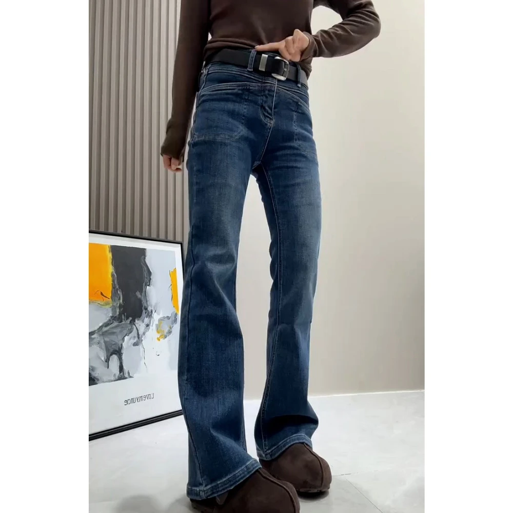 蓝色小个子微喇牛仔裤女秋冬加绒高腰百搭弹力显瘦修身喇叭长裤