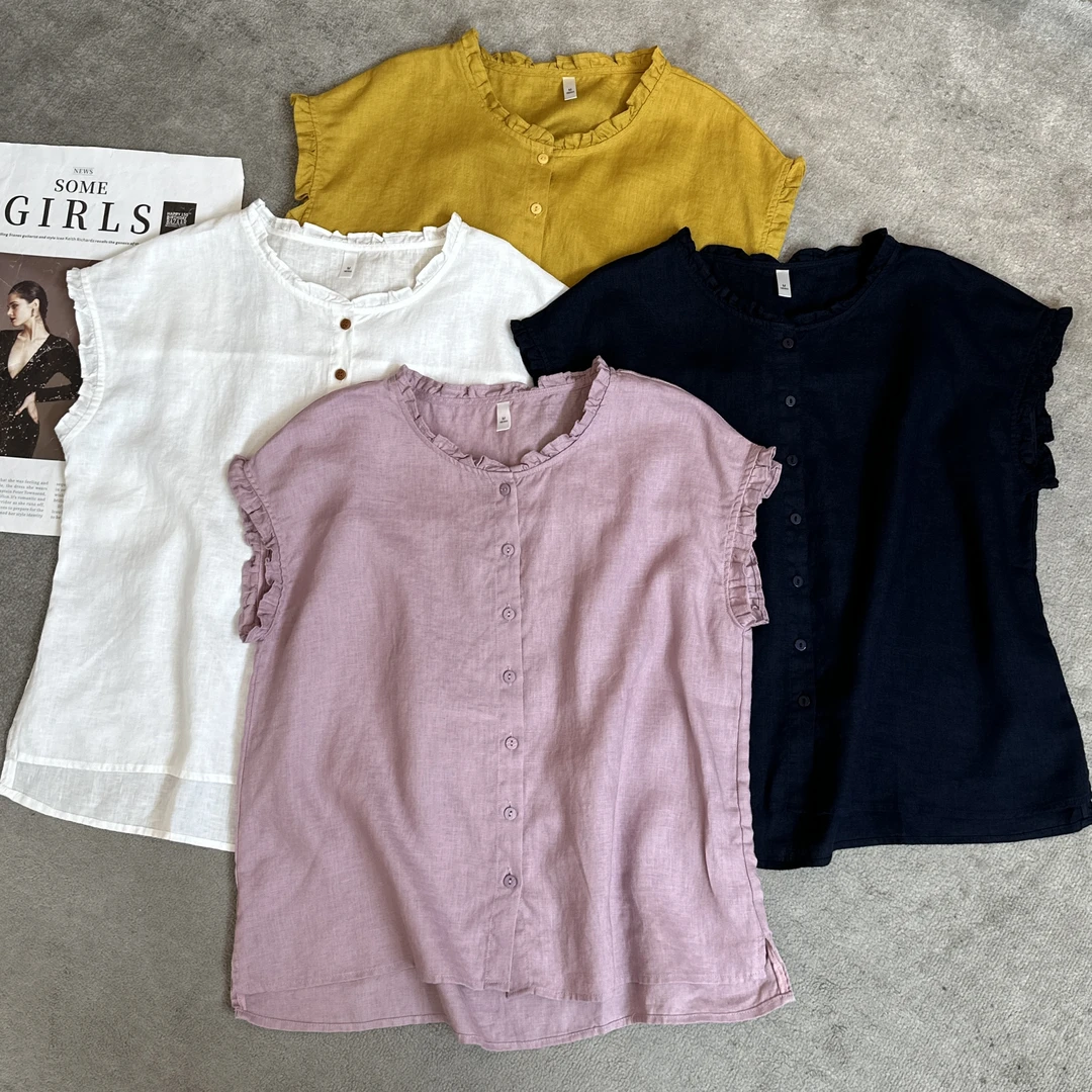 【米可家】木耳花边100亚麻圆领小衫66165