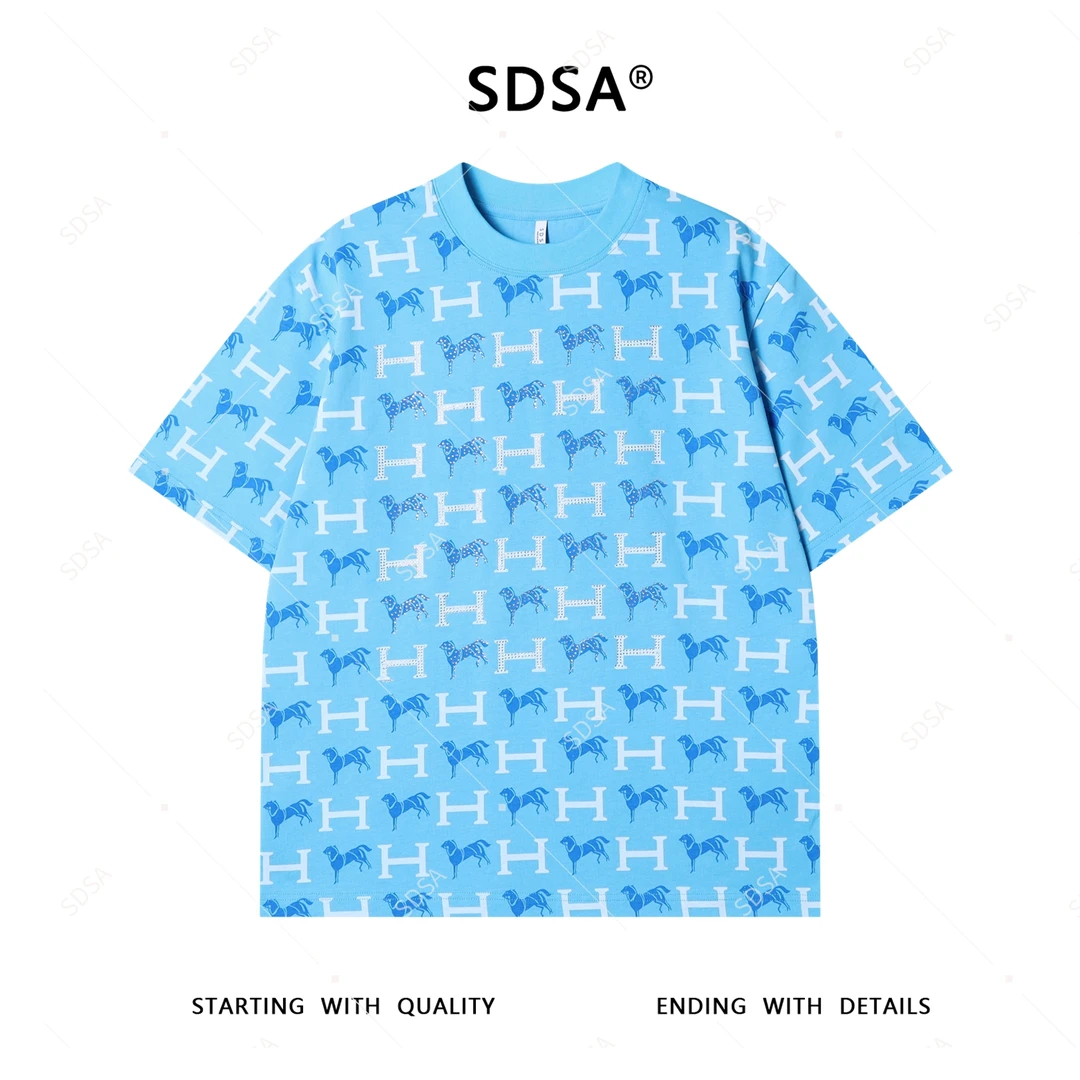 夏季高级感新款男士美式撞色字母烫钻短袖T恤潮流百搭时尚上衣