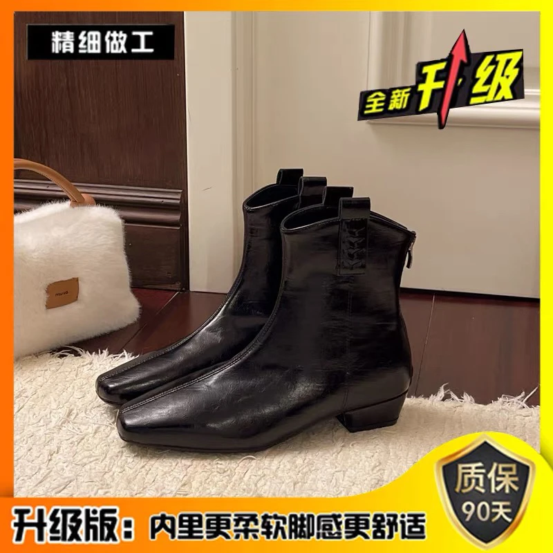 加绒方头低跟粗跟瘦瘦靴百搭