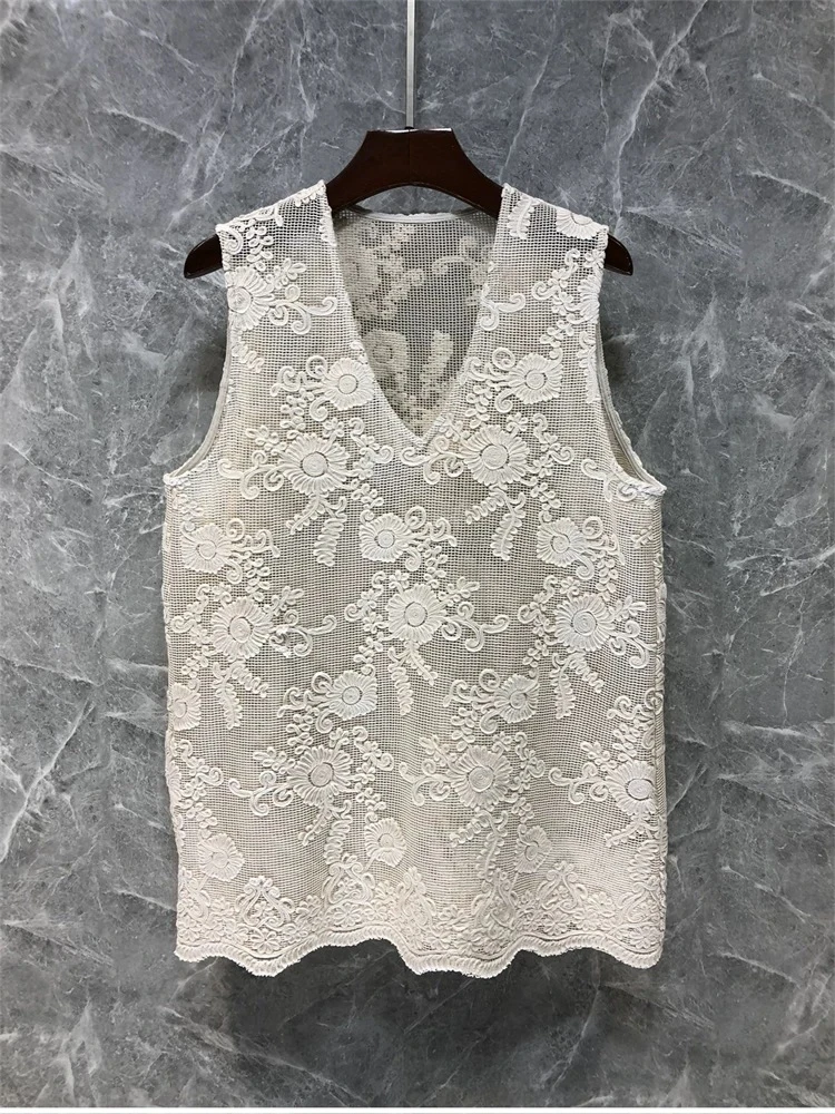 V领蕾丝钩花无袖上衣0537