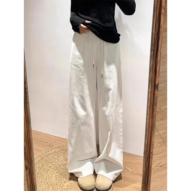 白色抽绳阔腿休闲裤女春夏新款慵懒高腰宽松显瘦百搭直筒拖地裤子