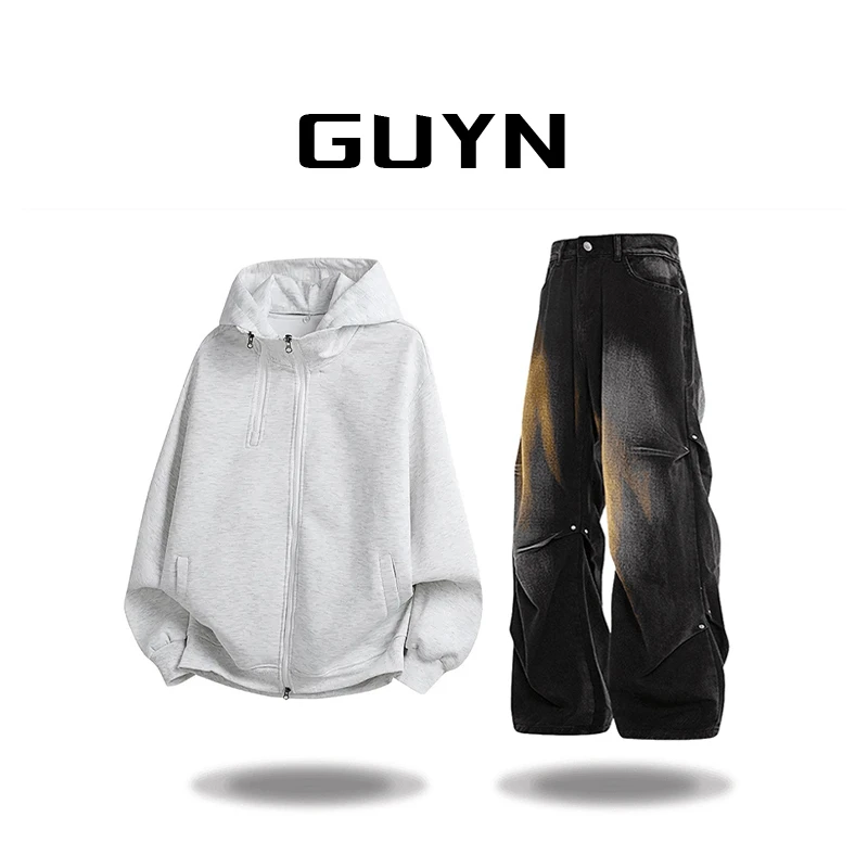 【品牌正品现货】GUYN长袖拉链灰色连帽卫衣休闲百搭时尚男美式秋冬