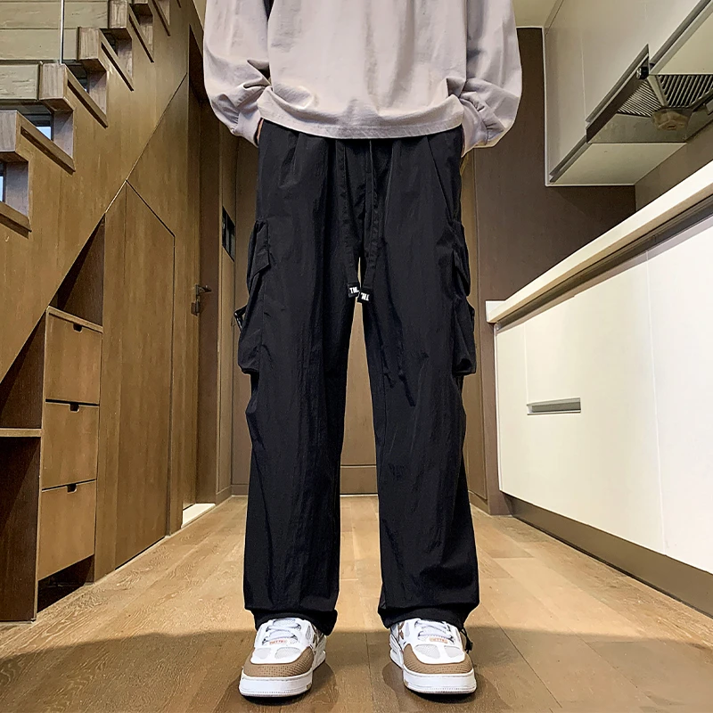 裤脚抽绳工装休闲裤美式直筒百搭纯色阔腿宽松潮流束腿男士春夏季