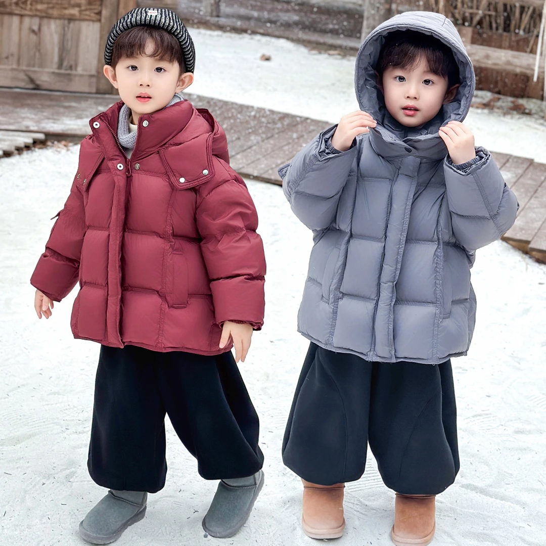 男童冬季加厚棉服2025中小童时尚简约韩版加厚保暖纯色连帽面包服
