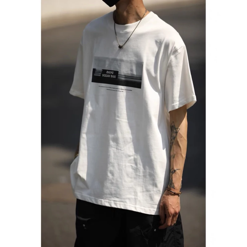 夏季日系简约照片风格时尚休闲男女半袖印花字母短袖