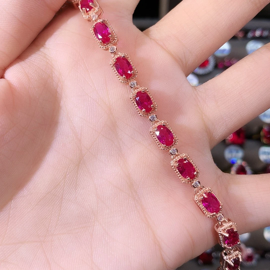 银S925镶嵌手链红宝石玫瑰金