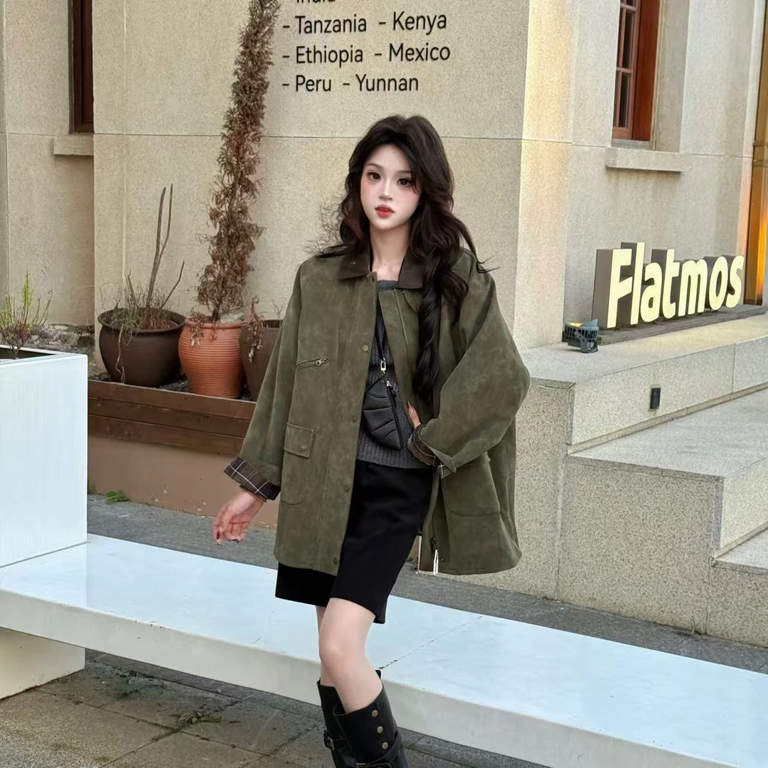 【蔡小姐】2025秋冬新款外套设计感韩版双面格子拼接夹克复古百搭