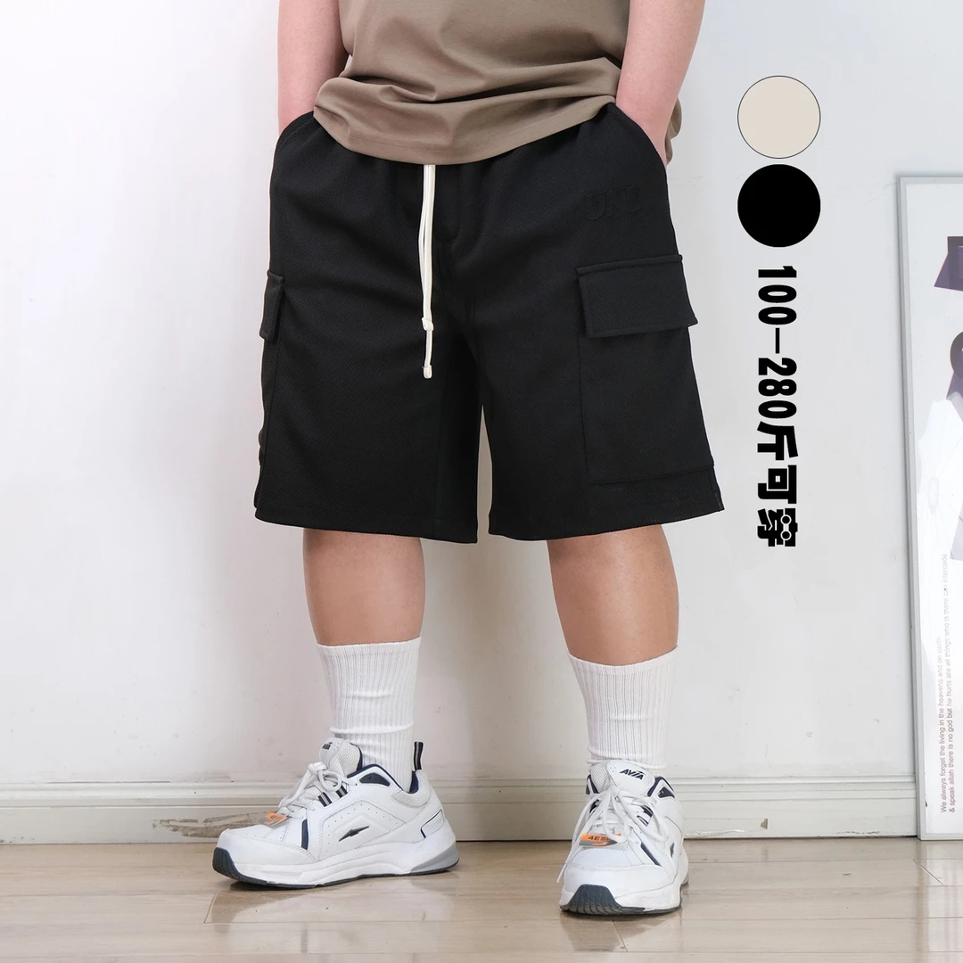 夏季超大码宽松工装口袋纯色弹力休闲短裤字母贴布绣标潮流五分裤