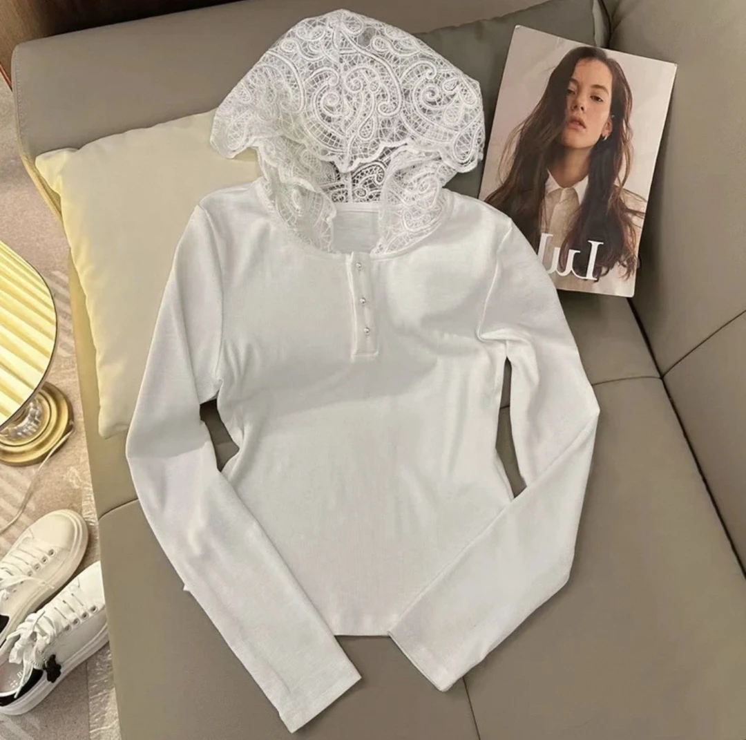 法式设计感拼接女装春秋季2025新款蕾丝连帽休闲洋气小众上衣8698