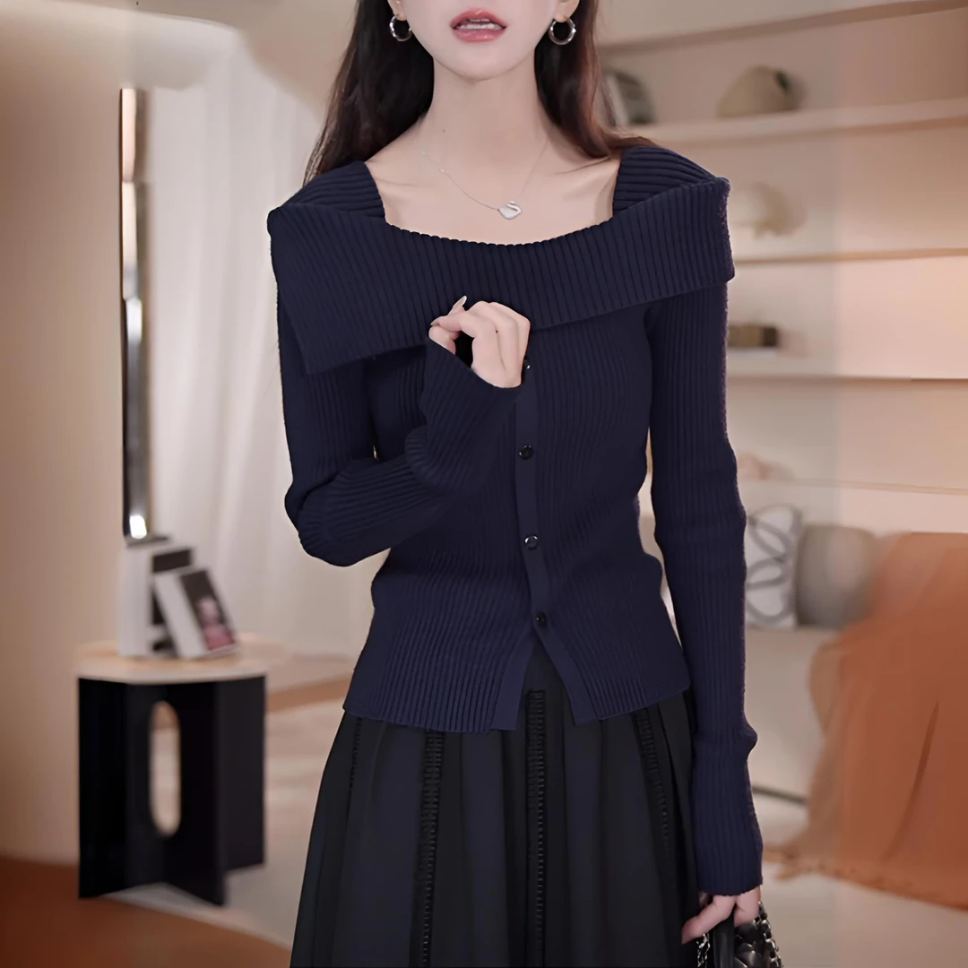 【现货】高级感藏青色针织衫长袖秋冬2025新款一字肩上衣打底衫毛衣