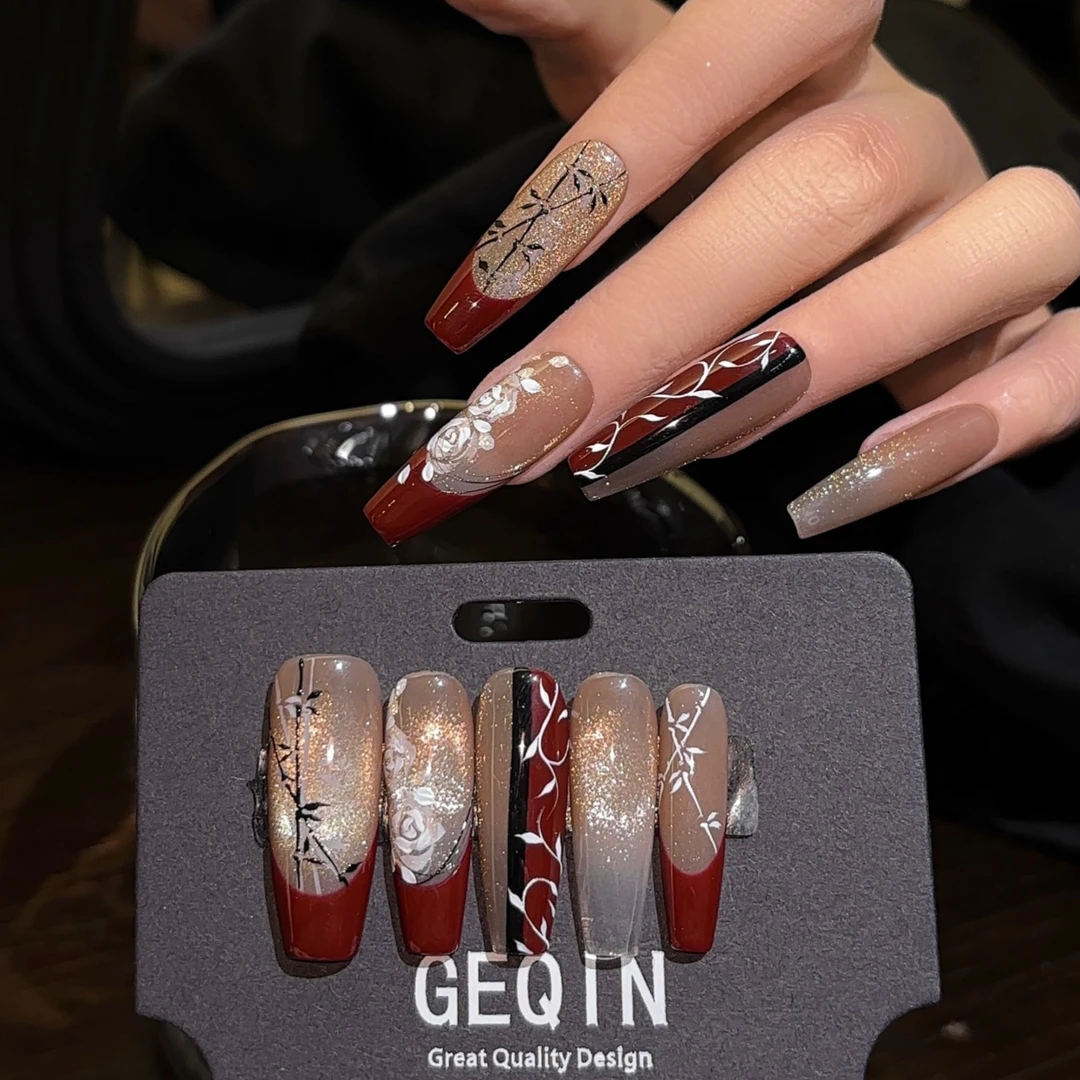 GEQIN【嫡女】手绘晕染猫眼玫瑰图腾新年战甲婚甲中式高定穿戴甲