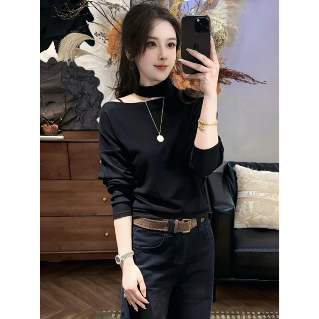 【阳光牛仔】“心动百利甜”露肩挂脖百搭长袖上衣T恤打底衫内搭秋冬