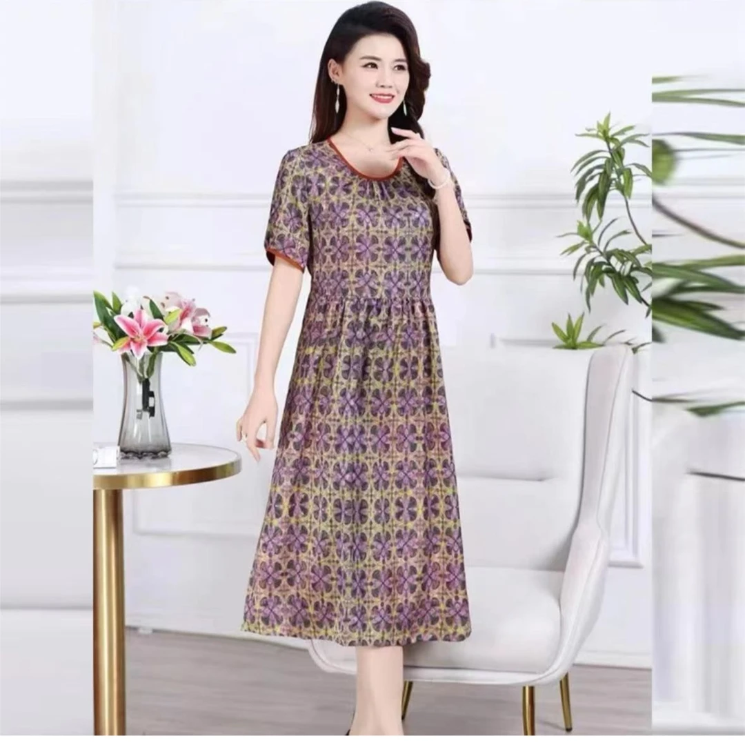 0107透气裙子妈妈装新款风扇花印花气质夏装洋气