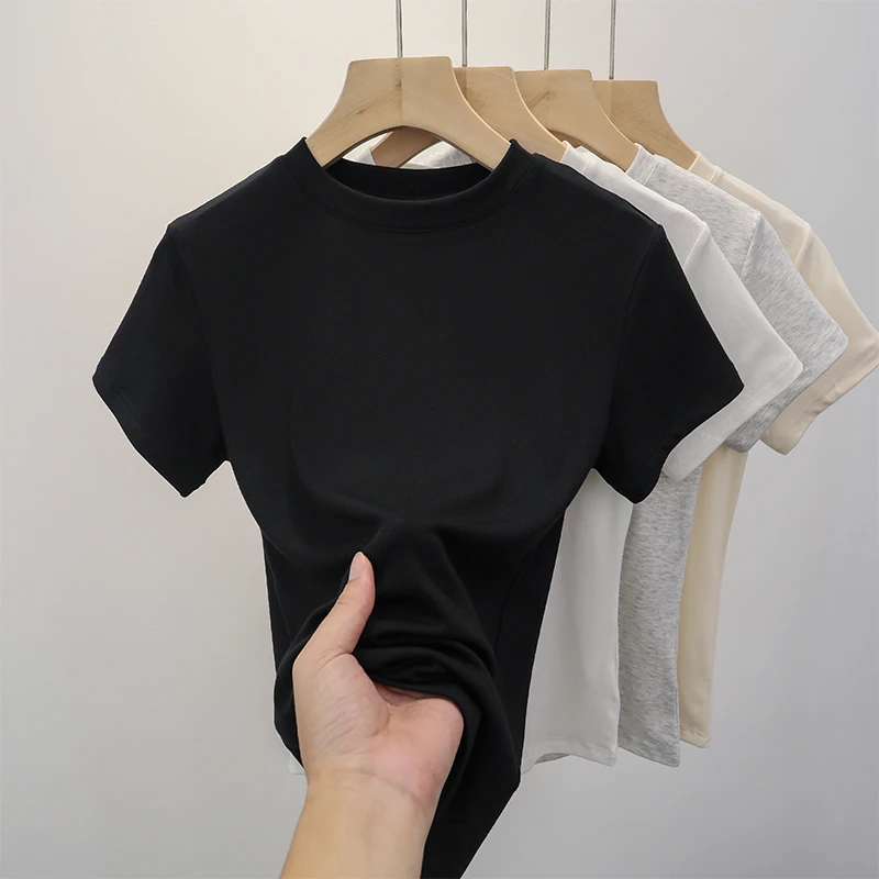 螺纹款黑色t恤女短袖修身显瘦夏季简约百搭正肩小圆领打底衫女潮