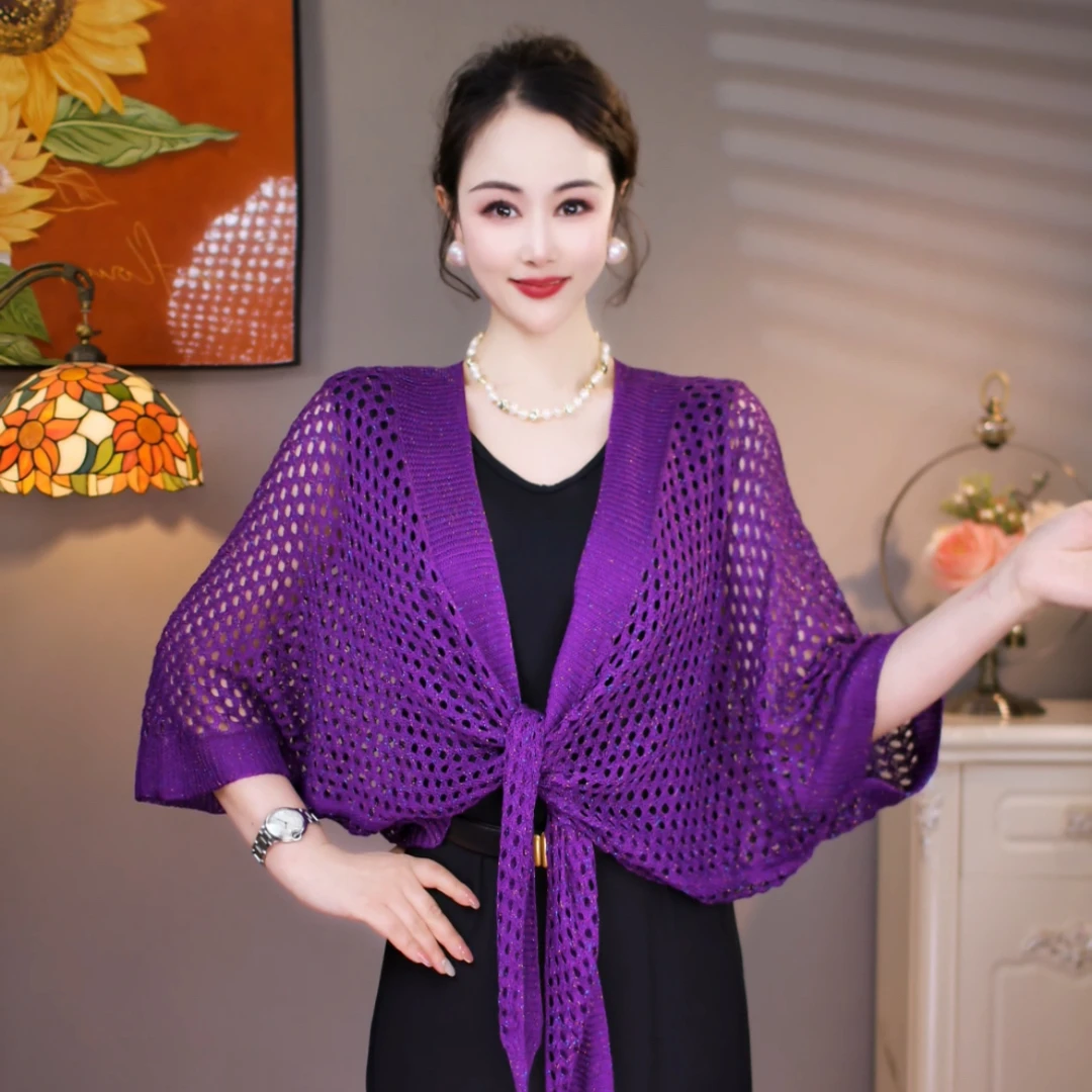 韩版新款镂空防晒清凉冰感夏季空调披肩时尚百搭亮彩针织外搭披肩