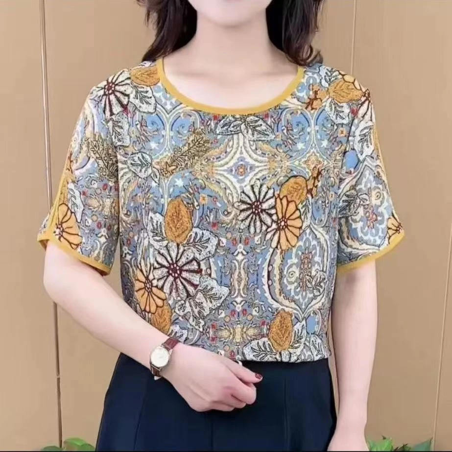 中年妈妈装洋气减龄遮肉上衣夏季印花短袖t恤女休闲显瘦打底小衫