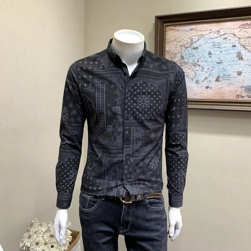 春秋冬季新款长袖衬衫男士潮流民族风复古花色衬衣韩版修身寸衫男