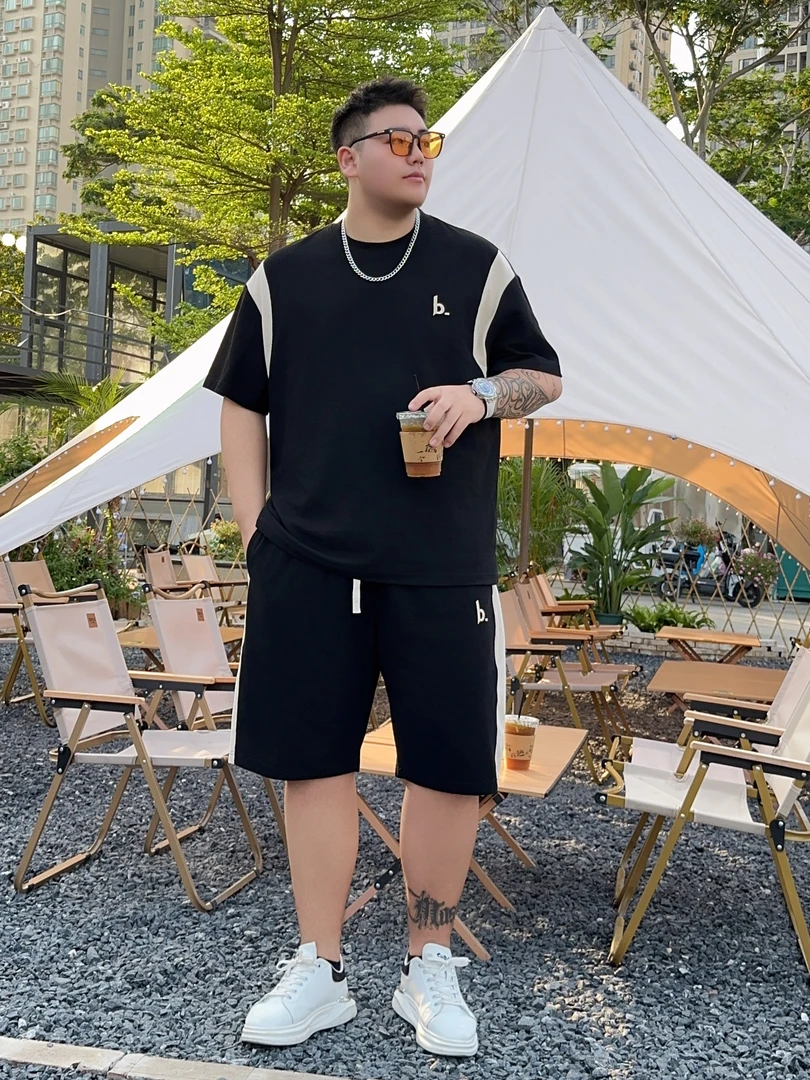 【冰凉珠地棉套装】蝈蝈大码休闲两件套加肥加大潮流时尚短裤套装
