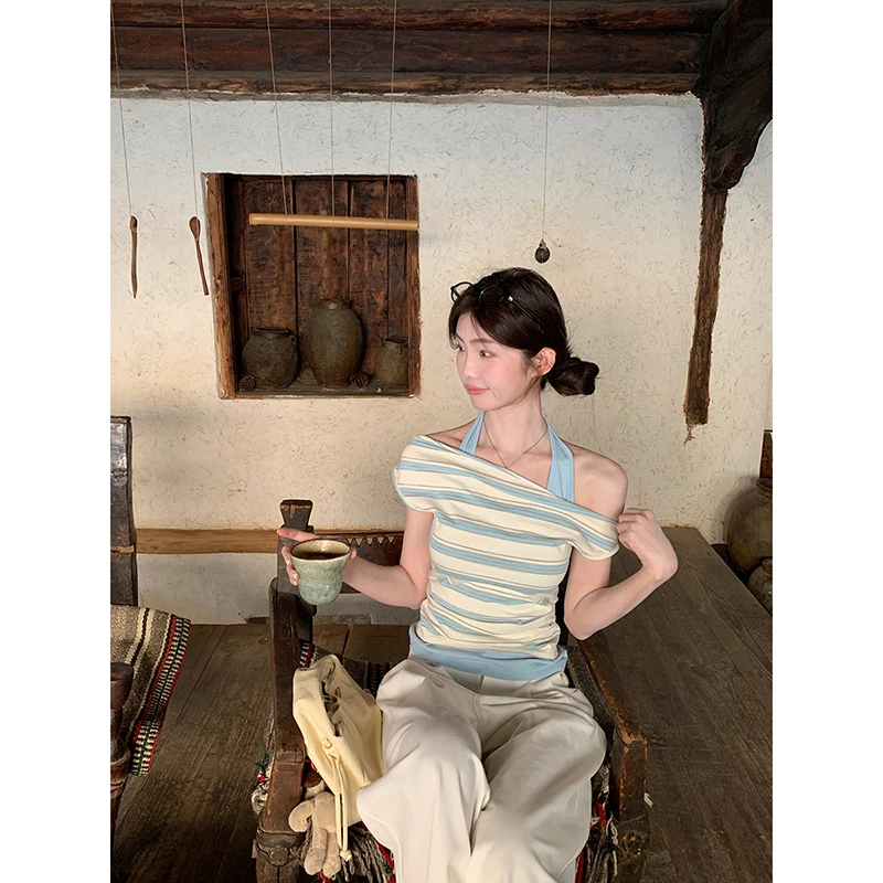 【夏日苏打】夏季韩系新款简约撞色条纹荡领挂脖假两件T恤252V1743