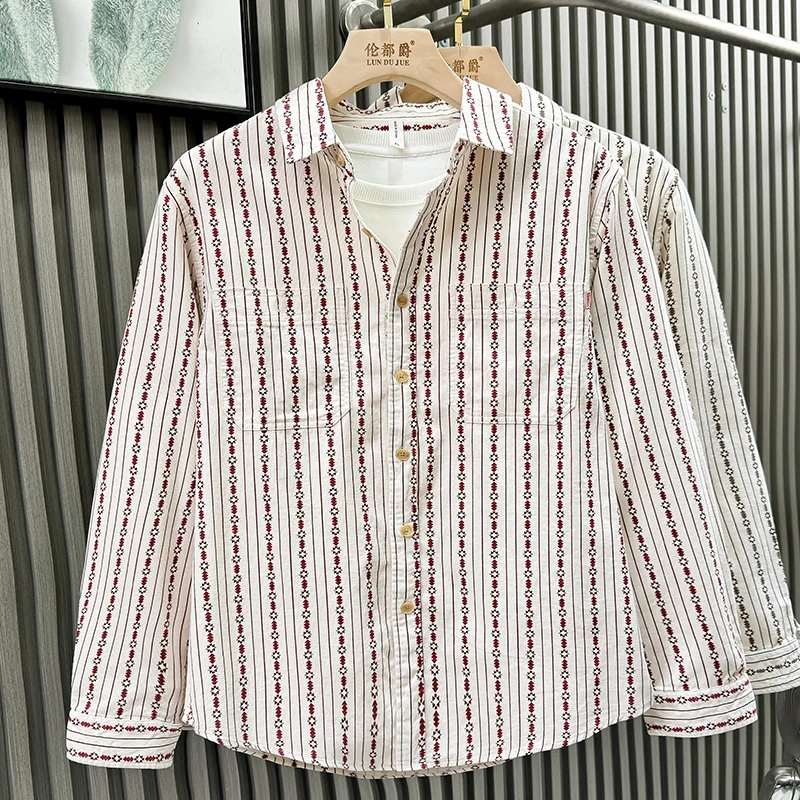 春秋款潮牌日系青年文艺轻奢衬衫男士长袖条纹痞帅衬衣外套衣服潮