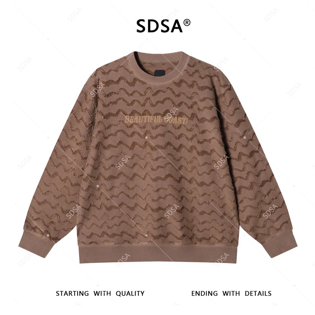 SDSA男士2025新款轻奢痞帅男装割破波浪线磨毛字母圆领卫衣复古
