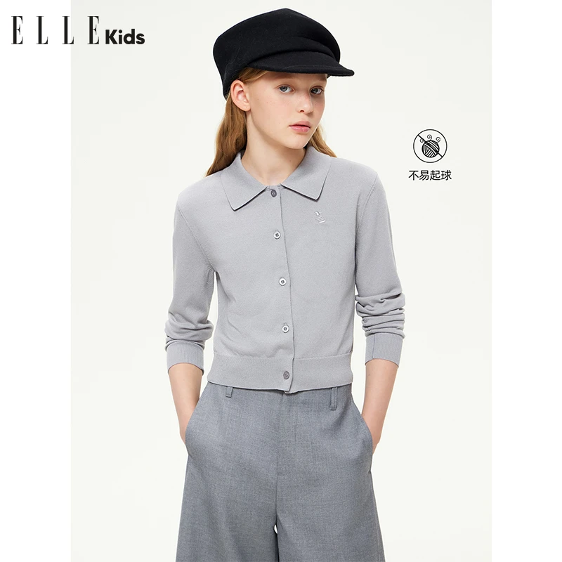 ELLE KIDS经典冰丝针织开衫女童春季新款翻领绣花老钱风上衣S3
