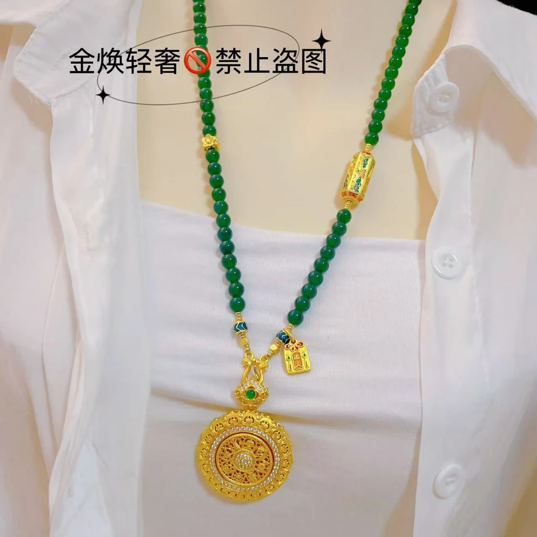 合金项链 合金项链饰品罗盘点钻宫廷风八宝配绿珠珠链高级感拉满