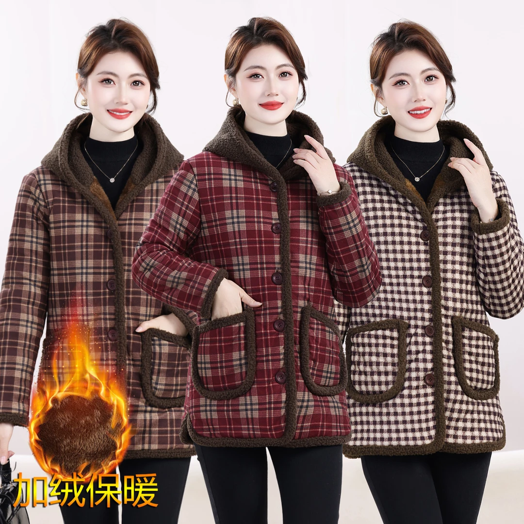 妈妈冬装加绒加厚棉衣中老年女冬季时尚保暖棉服外套连帽格子棉袄