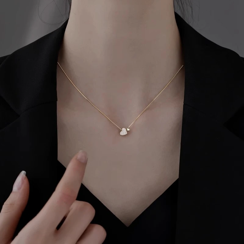 铜项链 轻奢双爱心吊坠项链玫瑰金ins个性锁骨链情人节礼物配饰