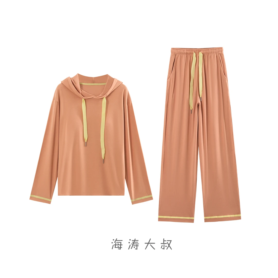 【海涛大叔】「睡美人」女Brain时尚ins风带胸垫连帽撞色织带家居套装