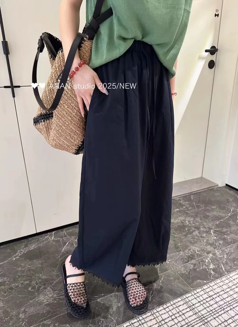 舒适夏季松紧腰纯色夏款透气休闲裤拼接蕾丝裤脚花边抽绳直筒裤
