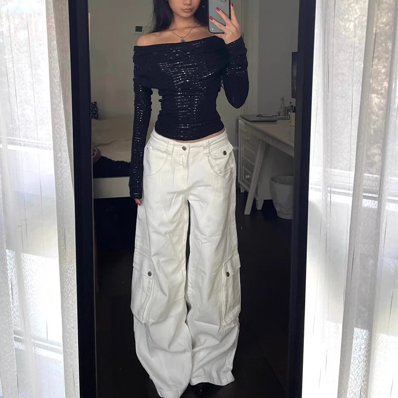 美式vibe重工设计白色工装牛仔裤女春新款高腰直筒显瘦阔腿长裤子