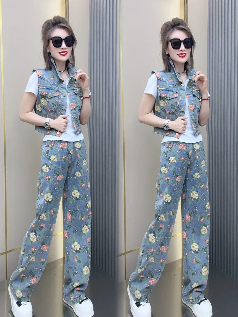 小清新碎花马甲牛仔三件套