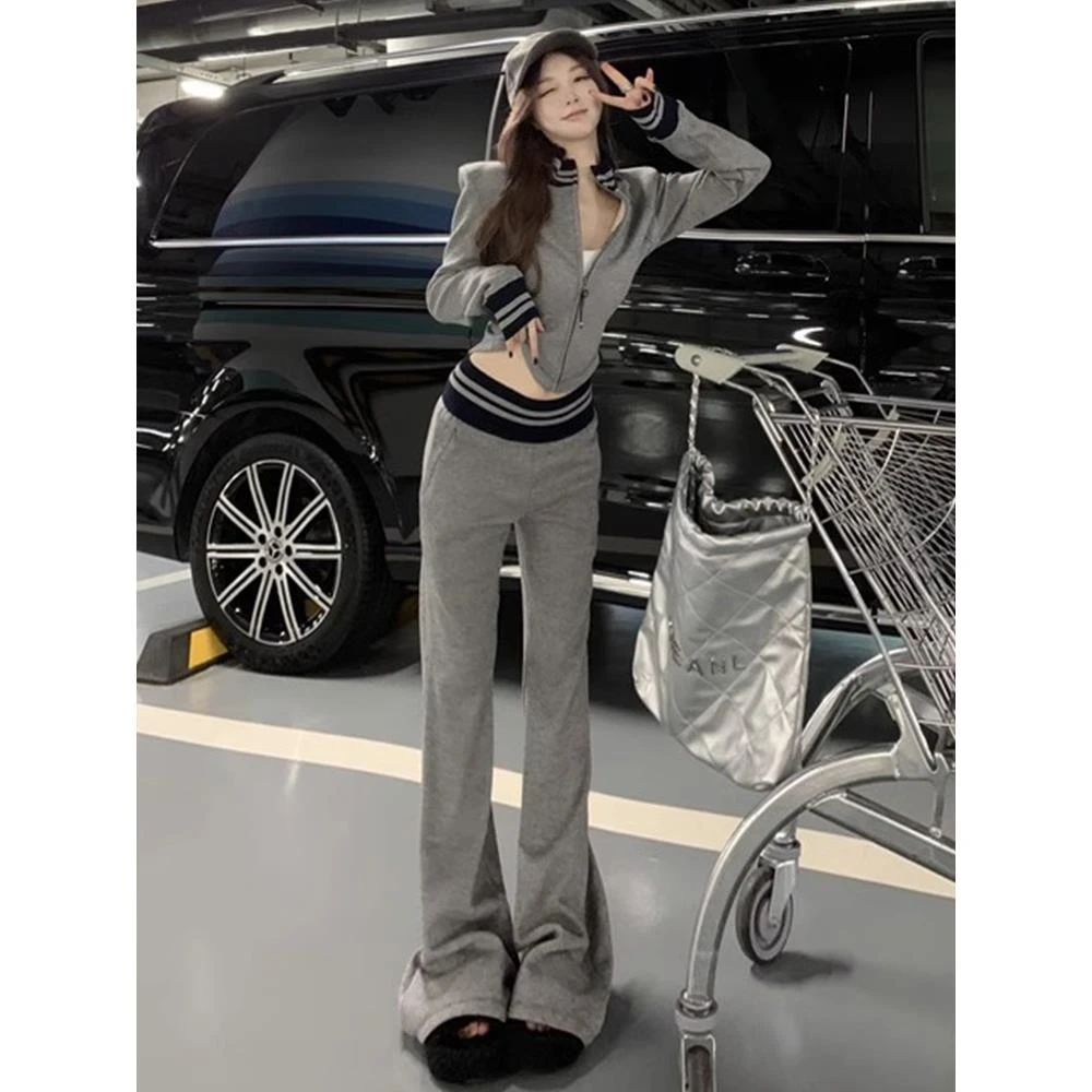 港风炸街休闲运动套装女春季2025超火灰色拼接卫衣阔腿裤两件套装