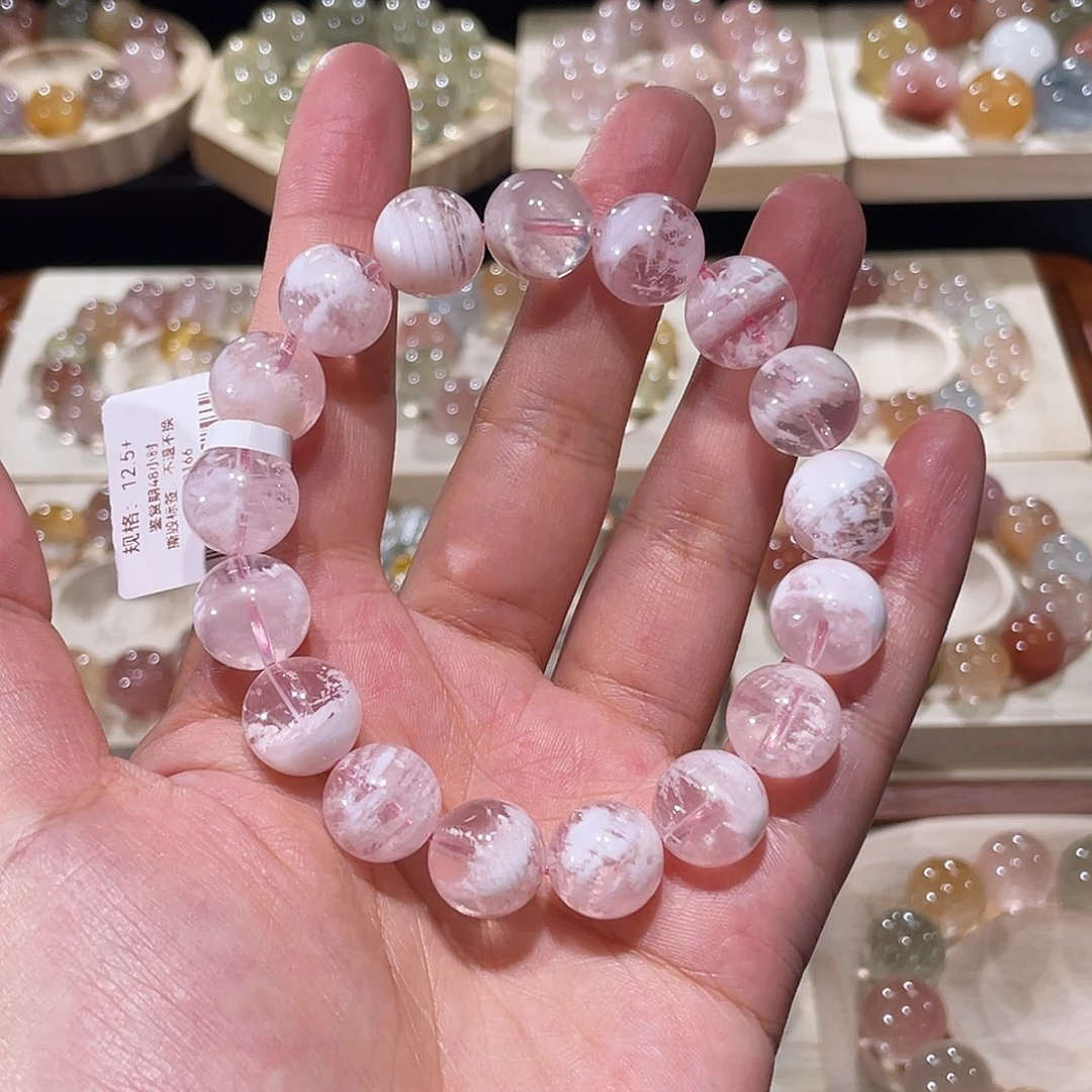 未镶嵌手链水晶粉雪花手链，晶体通透