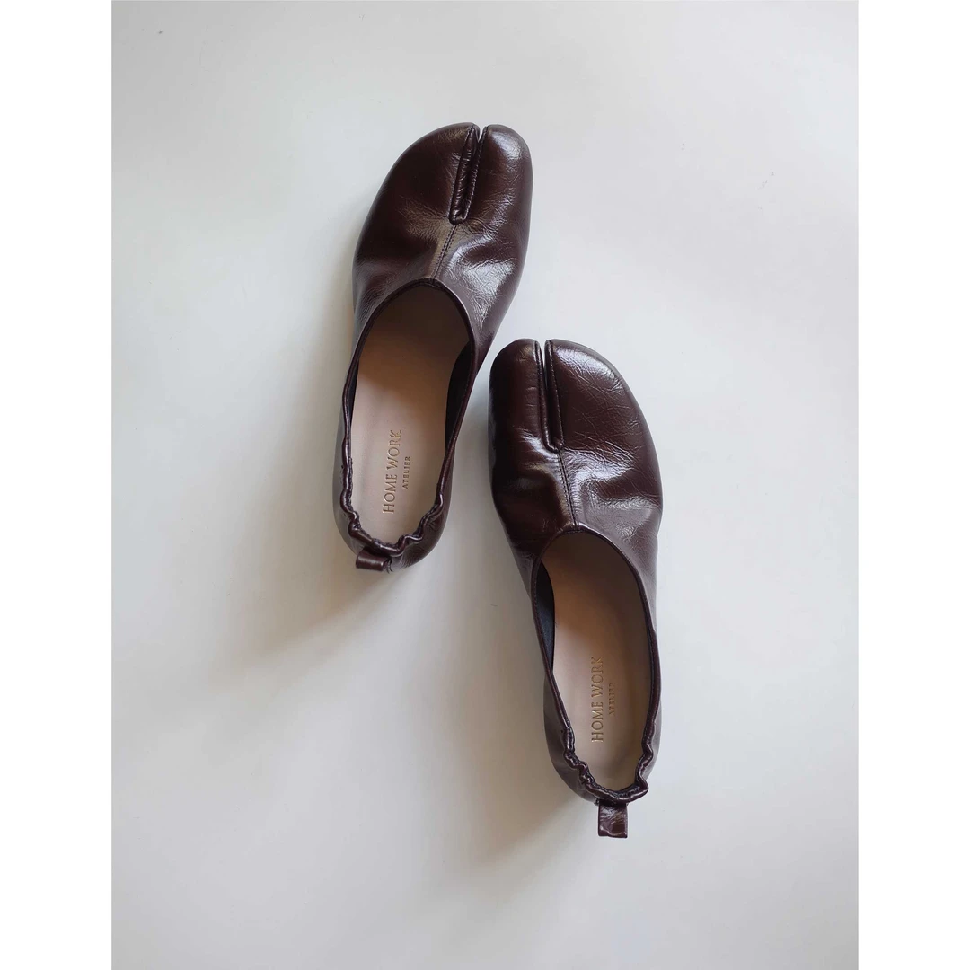 高端舒适原创设计师手工分趾忍者tabi牛皮低跟套脚女士单鞋栗棕潮