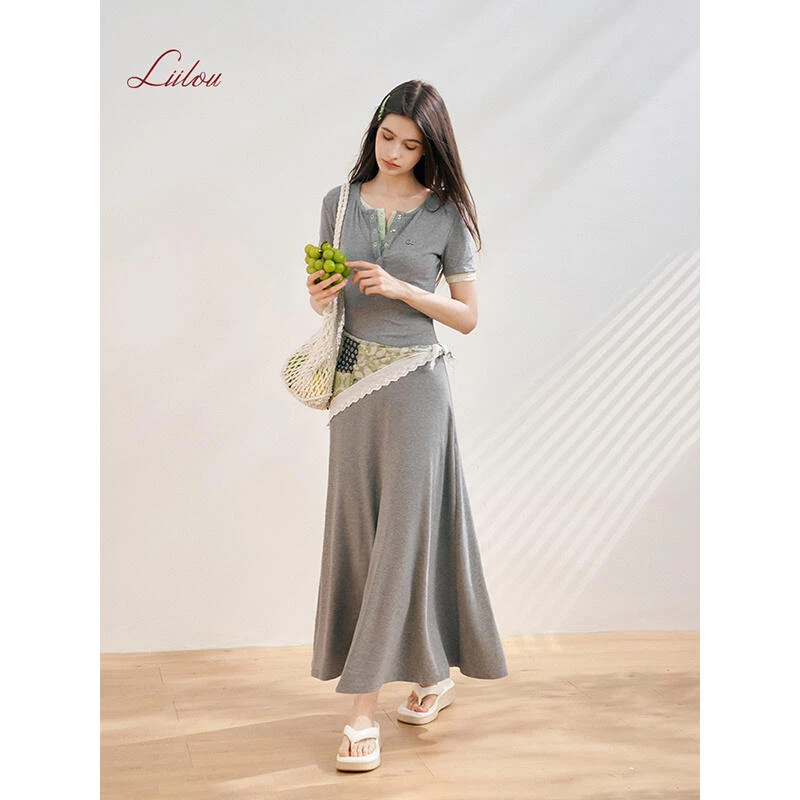 Liilou 25ss Athflow 假两件 薄荷绿蕾丝拼接修身A摆长款连衣裙