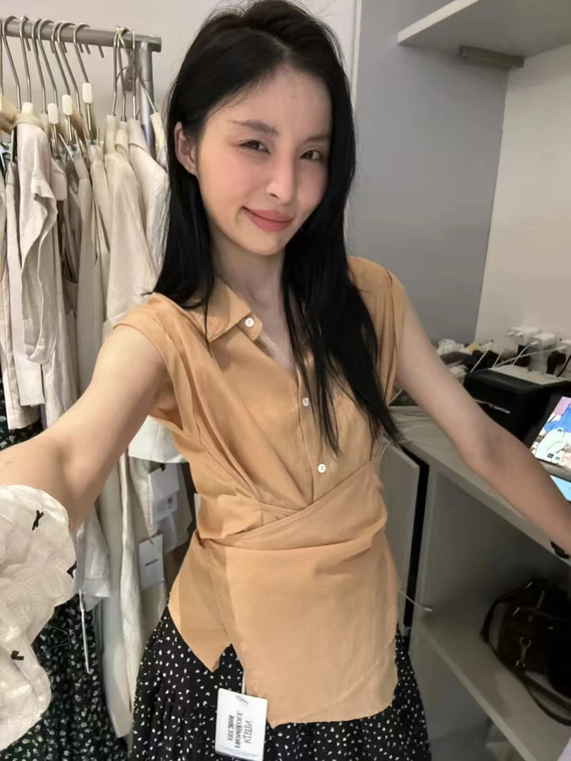 kittin@7661 韩系简约慵懒风设计感假两件飞袖衬衫 6-13