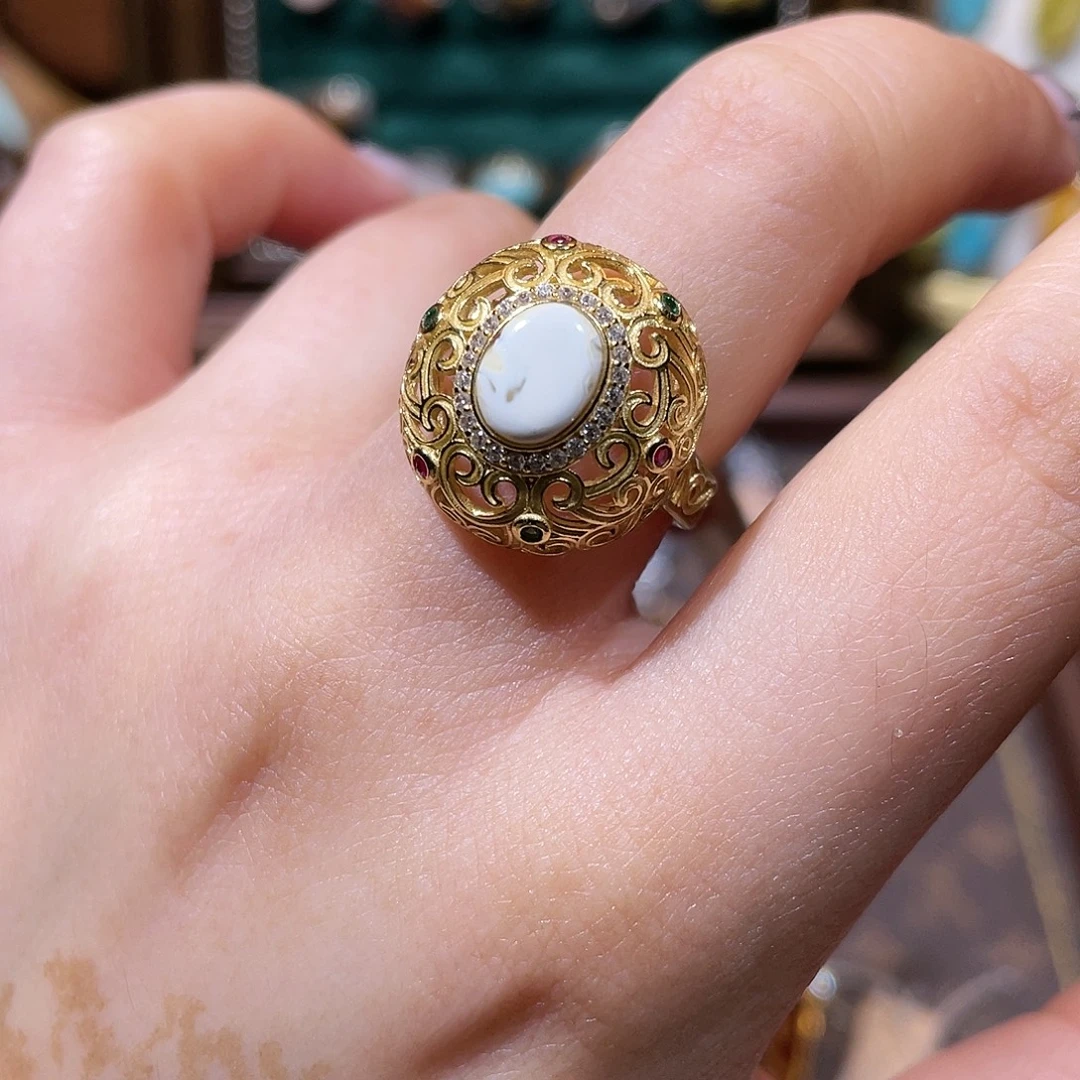 琥珀银S925镀金镶嵌戒指戒指