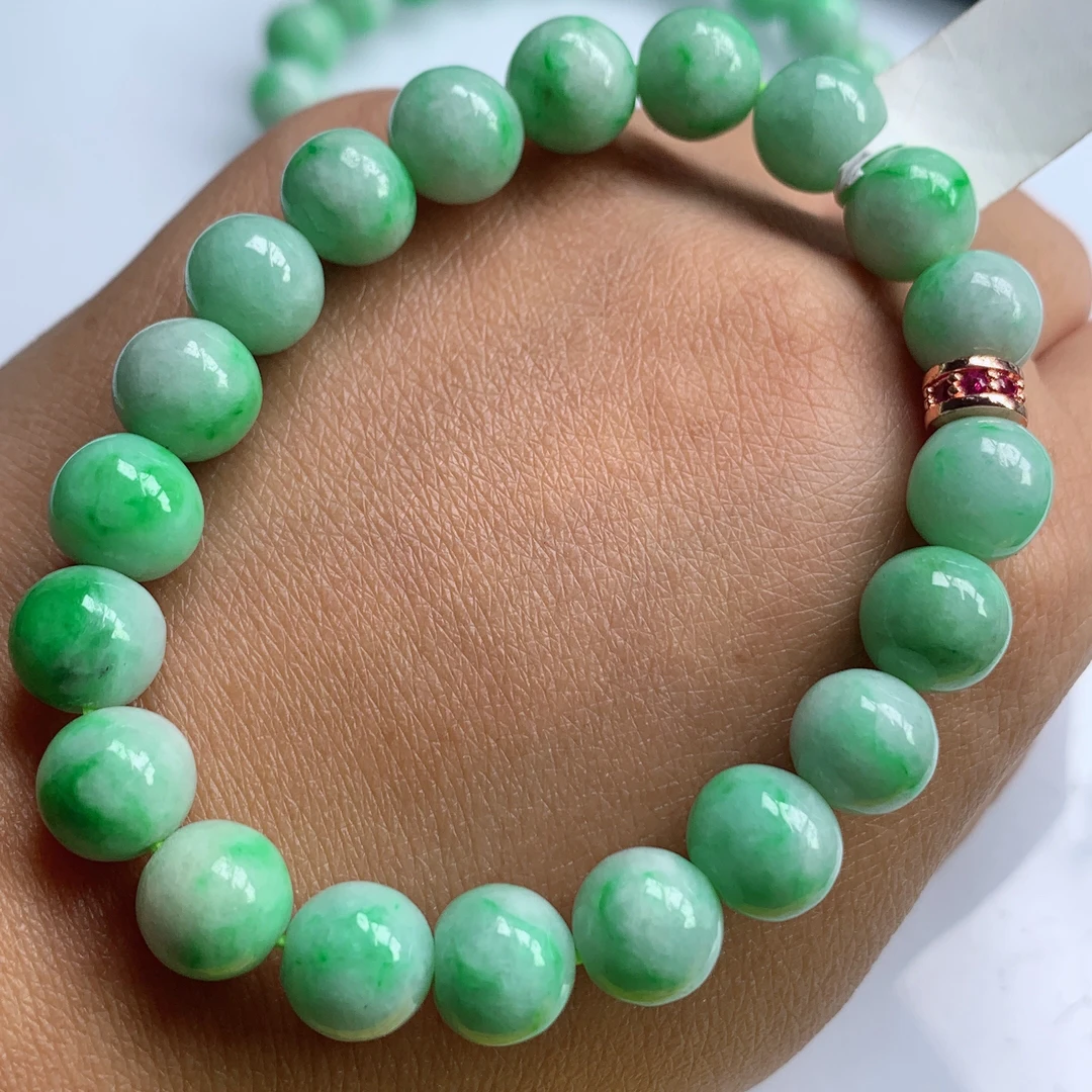 天然翡翠A货冰润飘绿飘阳绿绿色白底青圆珠手串手链卡9.3mm缅甸