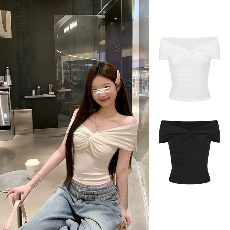 Moses Queen/魔西女王小众一字肩扭结短袖T恤设计感显瘦短款上衣