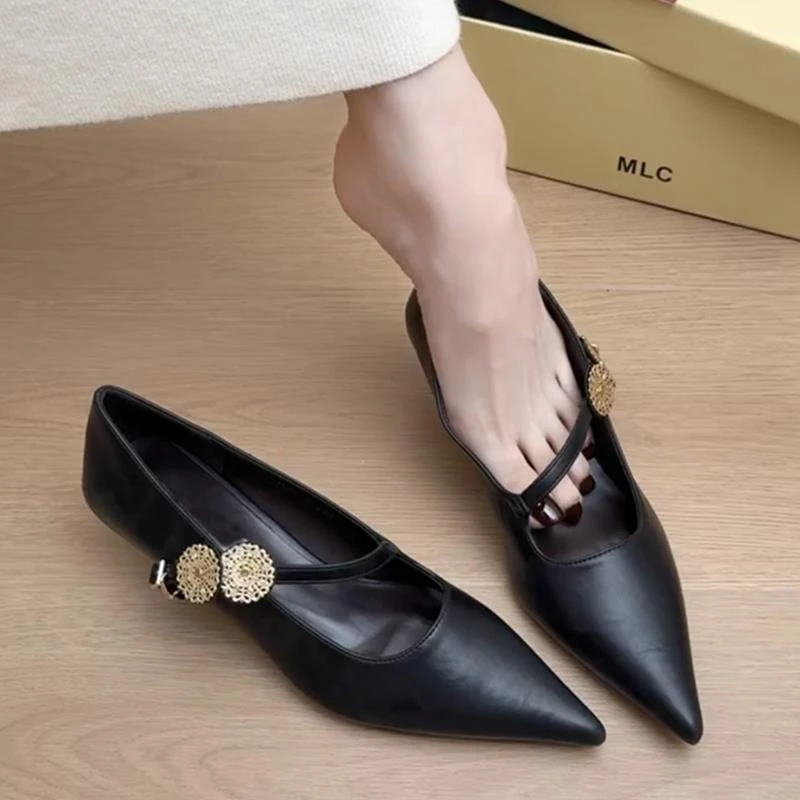 羊皮版！尖头气质一字带高跟鞋浅口细跟法式复古风通勤黑色单鞋女