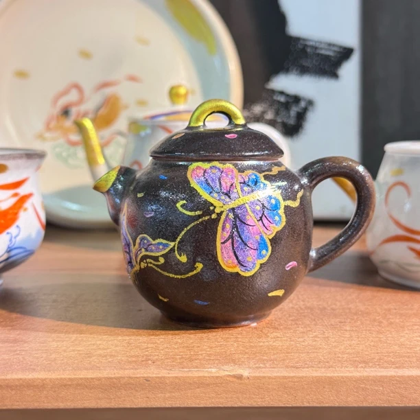 她山她海【黑志野蝴蝶短嘴壶】高温陶瓷精美茶道器具茶壶