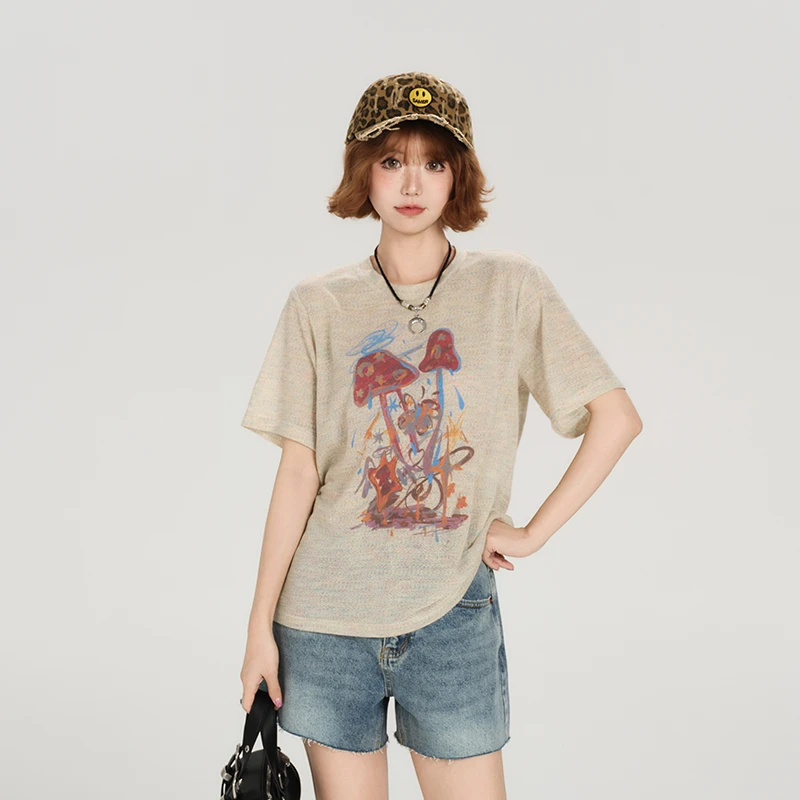 girlyhalo美式复古短袖t恤女夏季新款显瘦宽松圆领休闲印花上衣