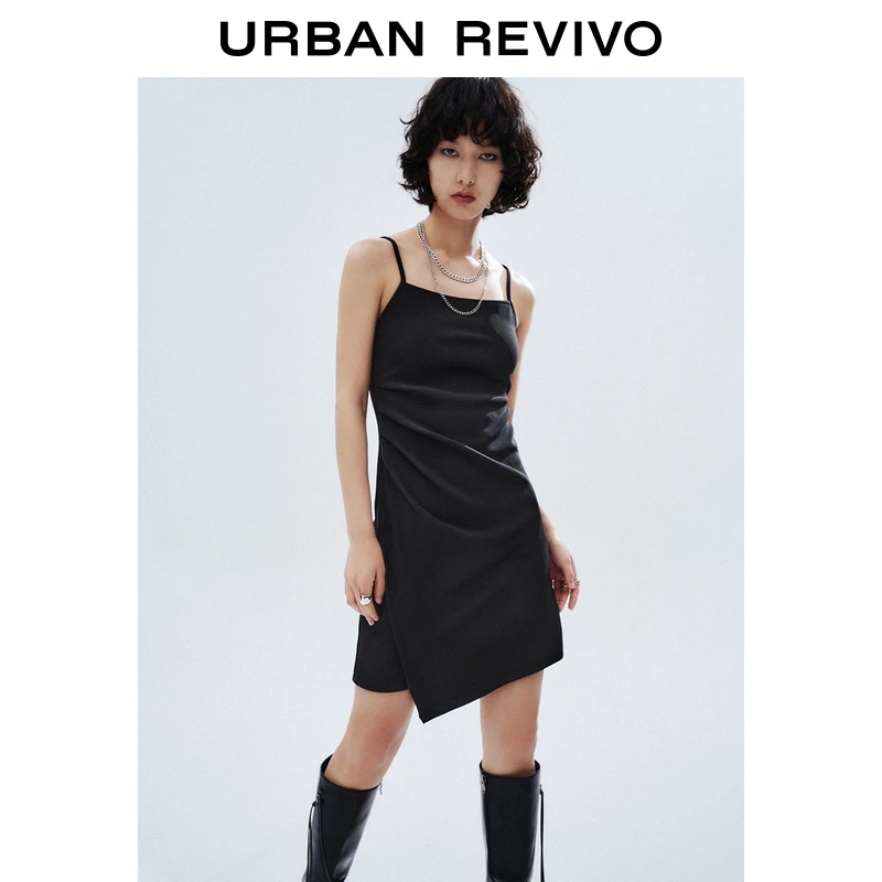 UR2025秋季新款女装时尚不对称褶皱收腰吊带连衣裙UYY750098+