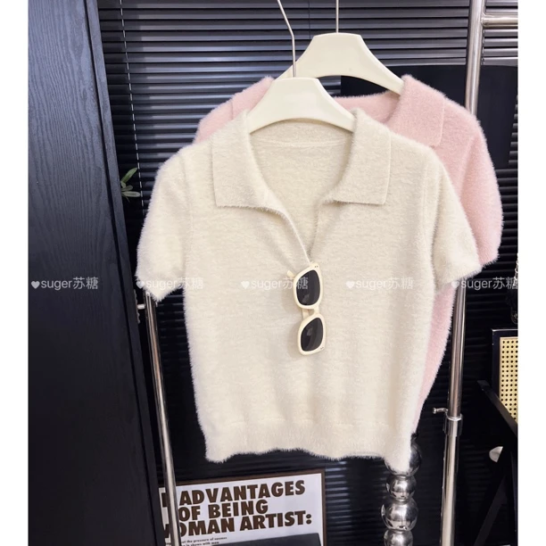 【温柔女主/气质防水貂绒短袖毛衣】秋冬绒毛显瘦短袖polo上衣