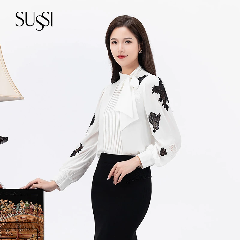SUSSI/古色商场白色刺绣长袖蝴蝶结衬衫上衣女